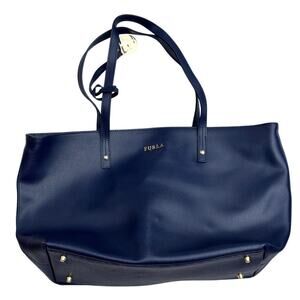 Furla Boston Satchel Navy Blue Leather Bag Large Purse